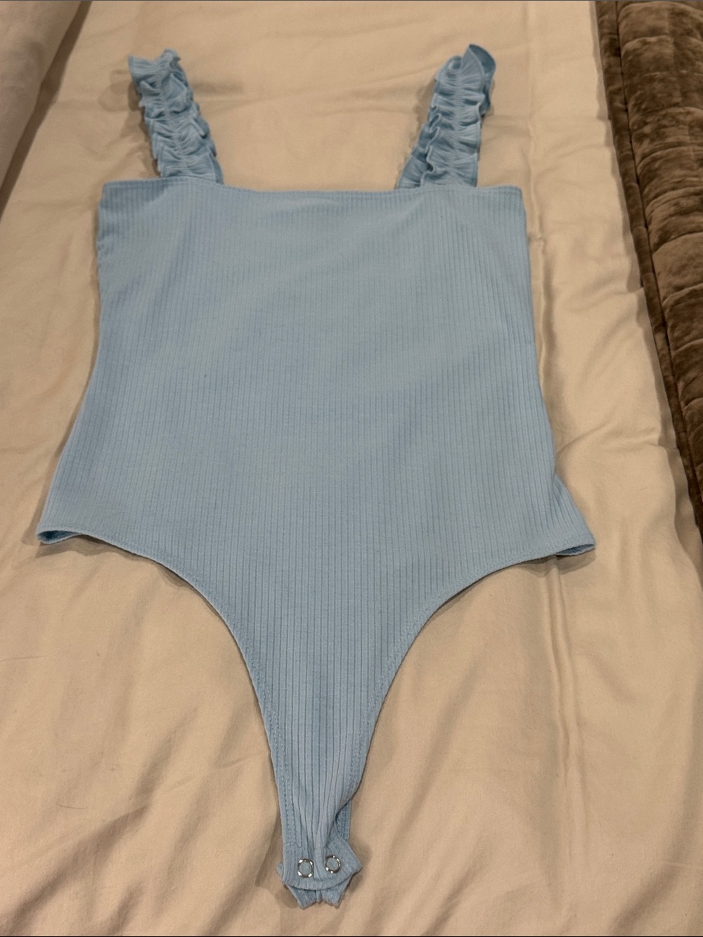 Light Blue Ribbed One-Piece with Ruffled Straps
